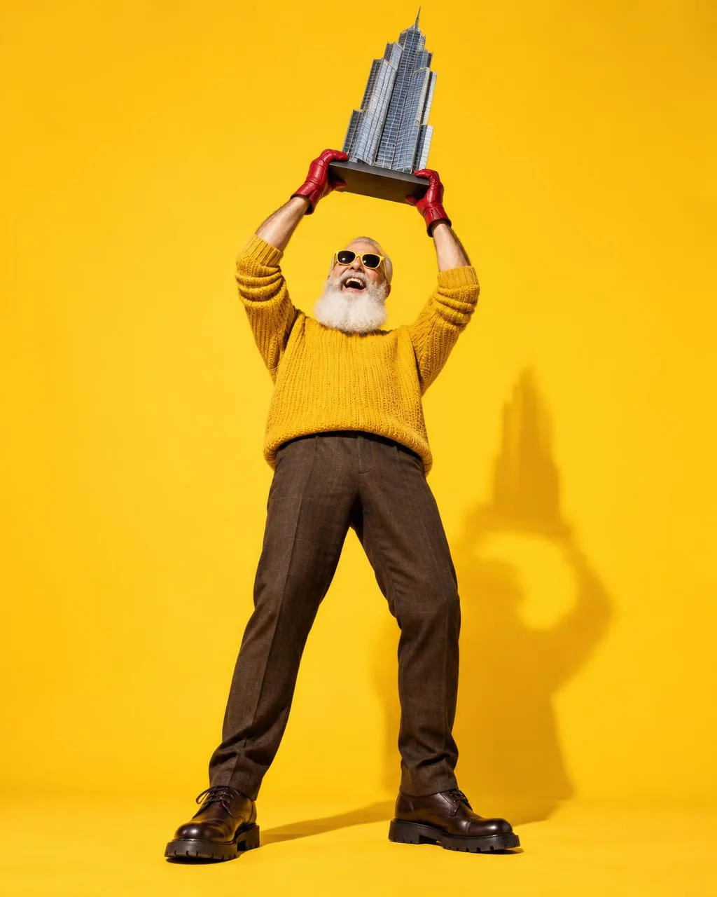 Señor mayor levantando la maqueta de un rascacielos como trofeo